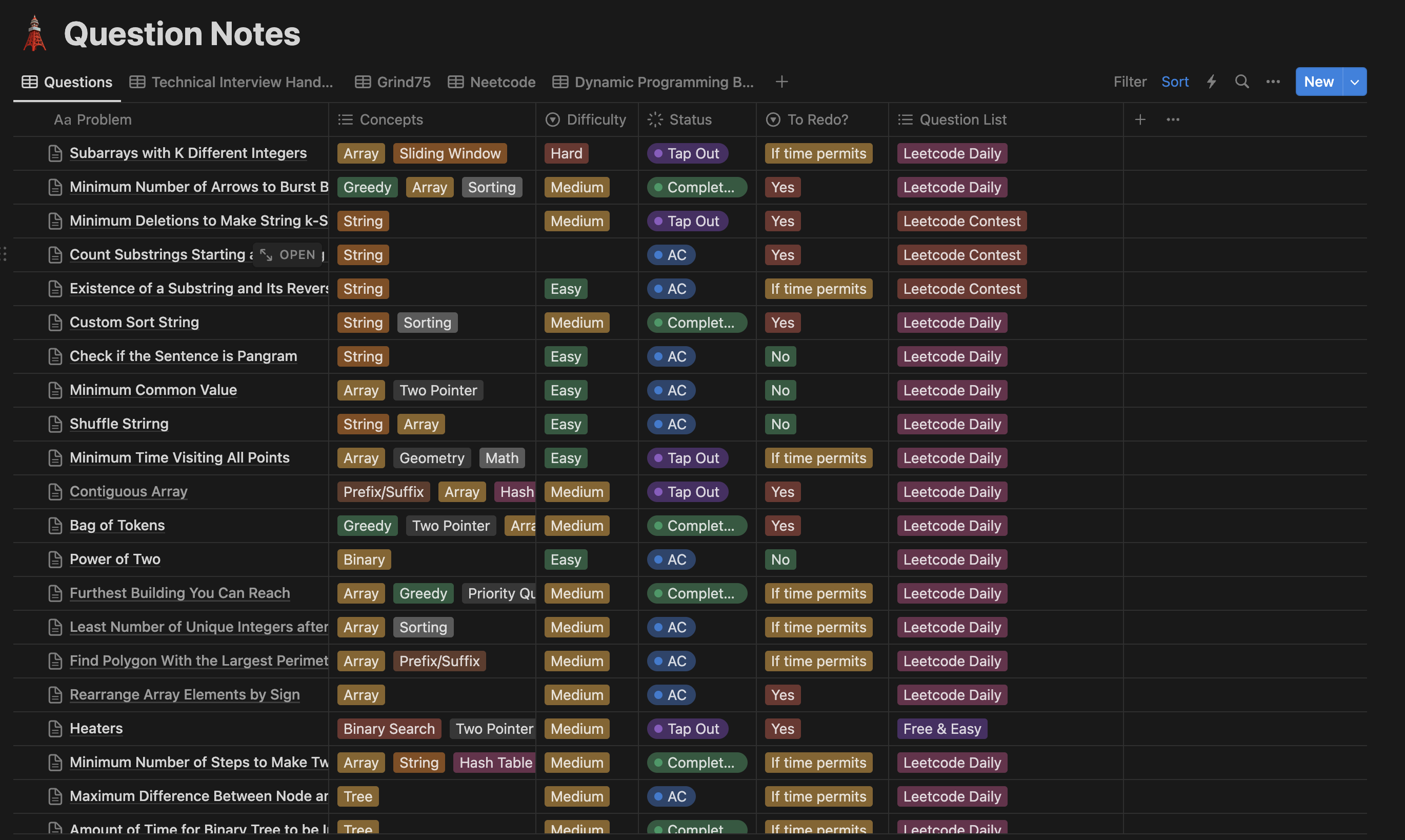 Notion database for questions